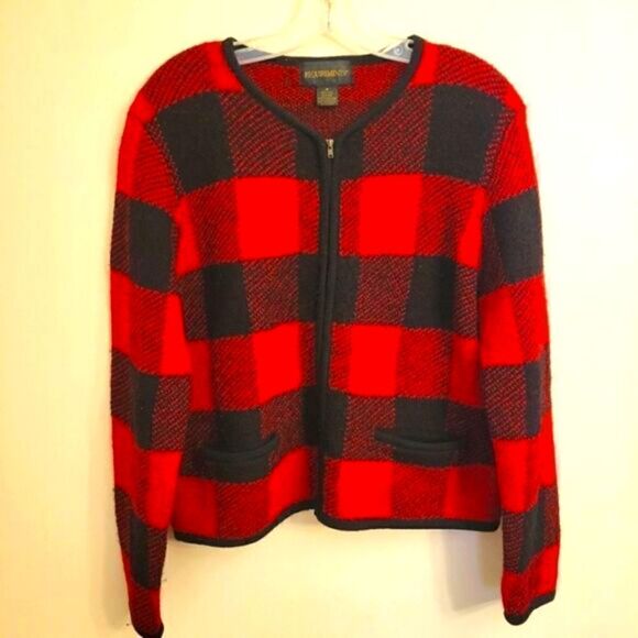 Vintage 100% Wool Buffalo Check Plaid Requirements Zip-up Long Sleeve Cardigan - Picture 1 of 10